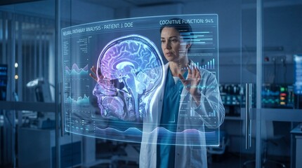 caucasian female doctor analyzing 3d brain model on futuristic holographic interface in laboratory. medical research and neurology concept. banner, website header.