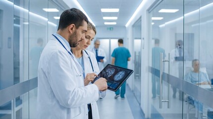 two caucasian doctors analyzing brain mri scan on digital tablet in modern hospital corridor. medical staff discussing diagnosis. healthcare technology concept. banner, website header.