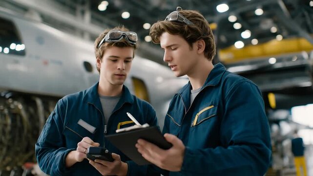 Aviation maintenance units inspecting aircraft components inside a hangar, technicians using handheld scanners to log every bolt, panel, and sensor &mdash; aerospace safety, precision engineering, and