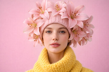 Creative fashion portrait of young woman wearing pink knit hat adorned with lilies and yellow sweater on pastel background