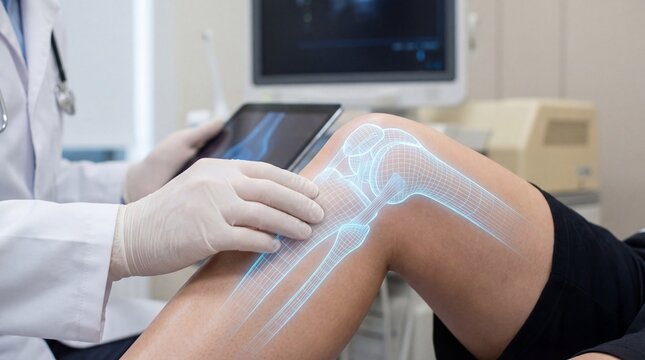 doctor examining patient knee with digital bone hologram overlay. orthopedist using tablet for diagnosis. medical technology, anatomy concept. healthcare, joint pain treatment. banner, website header. - Powered by Adobe