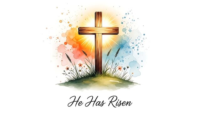 Easter cross with flowers and he has risen text on colorful background easter day