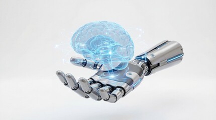 robotic hand holding glowing digital brain hologram. artificial intelligence, futuristic healthcare technology. science banner, website header with copyspace.
