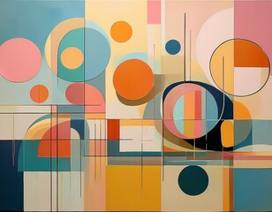 colorful geometric abstract art with circles and squares in pastel tones on canvas