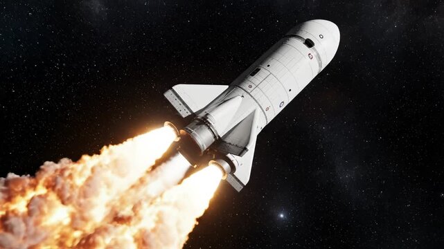 Space shuttle in orbit with engines firing