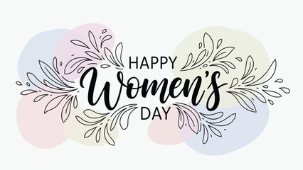 Happy women's day elegant floral illustration with soft pastel background and black typography for international women's day celebration