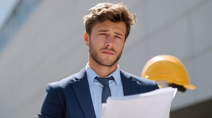 A concerned businessman in a suit reviews documents outdoors