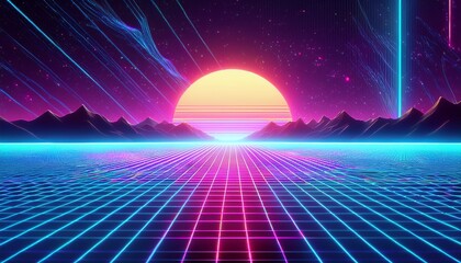futuristic vaporwave landscape with neon grid and glowing horizon in space