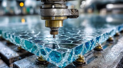 Close-up Modern Automated Waterjet Cutting Machine Processing Glass Material