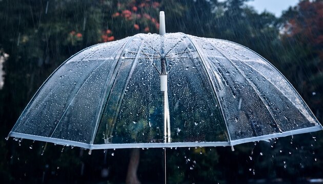 amidst the downpour a transparent umbrella shields against the relentless raindrops creating a mesmerizing display of water droplets splashing against its surface