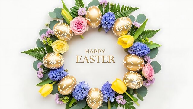 Easter wreath with colorful flowers and golden eggs on white background for spring holiday decoration easter day