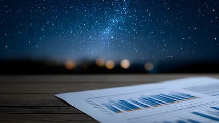 Business financial report analysis charts and graphs laid out on a wooden table under a vast starry night sky