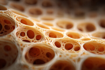 microscopic cellular structure with interconnected pores and delicate membranes in warm amber tones