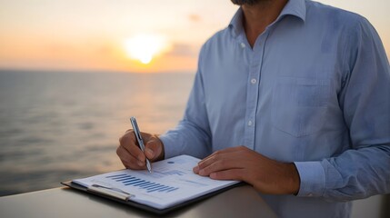 Professional analyzing financial charts on a clipboard by the sea during sunset