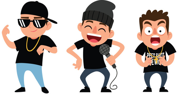 Funny cartoon rap and hip hop characters performing with microphone and expressive poses, colorful flat vector illustration