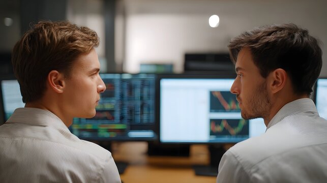 Two professionals in an office discussing financial data on computer screens - Powered by Adobe