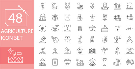 48 Agriculture Icons Set Featuring Farming, Crops, Organic Food, Harvest, Irrigation, Livestock, Agricultural Tools, Greenhouse, Tractor, Seeds, Sustainable and Rural Farming Elements © hadia