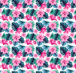 Vector tropical pattern with palms and hibiscus. Amazing vector tropical pattern. intricate Palms and hibiscus. Vector botanical. black, dark colors. fashion print.  © Designer Of India 2