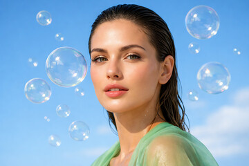 Fresh beauty close-up portrait of woman with natural makeup surrounded by floating bubbles on blue sky background