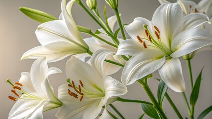 Obraz premium White Fresh Lilies Close-Up, Elegant Floral Background, Natural Beauty Flower Macro, Soft Light Botanical Photography, Spring Wedding Decoration Concept