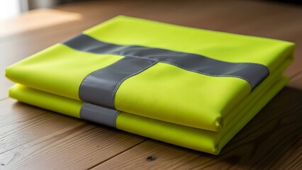 Folded safety vests on a wooden table viewed from the side