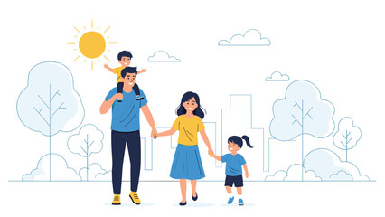 Fototapeta premium Happy young family with two children enjoying a sunny day walk together in a beautiful city park with trees.