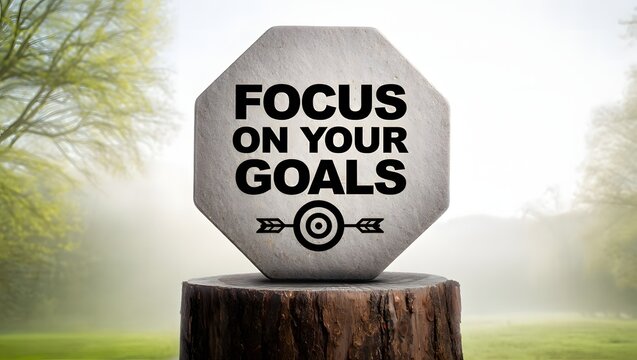 Inspirational stone plaque with focus on your goals message on tree - Powered by Adobe