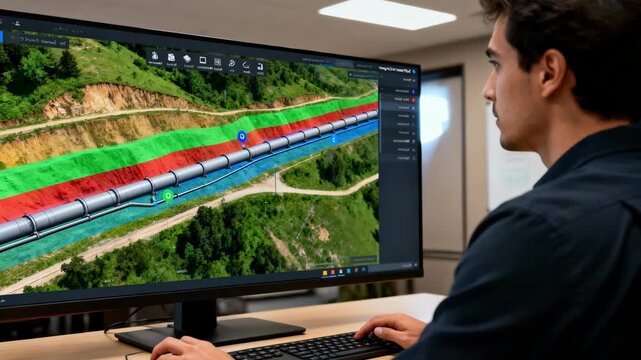 Medium shot of software engineer analyzing pipeline mapping interface with layered GIS data and interactive tools for pipeline maintenance and planning.