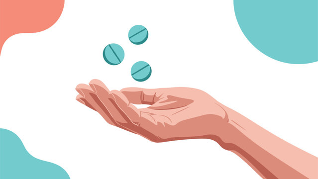 Close up illustration of a human hand catching three teal colored pills falling from above against a white background.