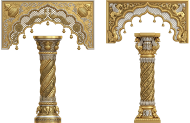 Elegant Golden Mandap Pillars with Detailed Archway Borders for Indian Wedding Stage Decorations and Cultural Event Graphics.