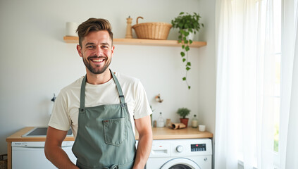 man in an apron near a washing machine