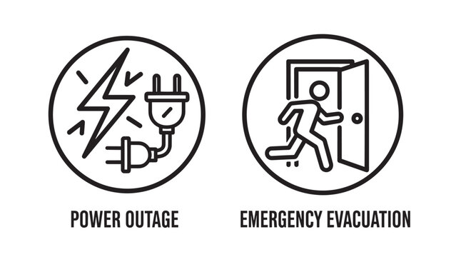 Safety icons for power outage electricity fepslure and emergency building evacuation exit plan