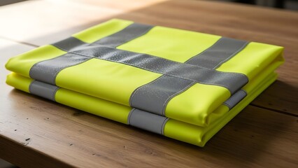Safety vest folded on a wooden table