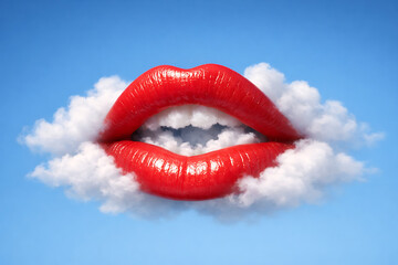 Glossy red lips floating within fluffy white clouds on clear blue sky surreal beauty art concept