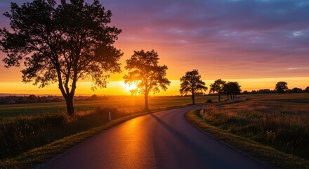 Obraz premium Winding country road illuminated by vibrant golden hour sunlight filtering through silhouetted trees