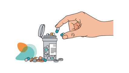 Three black pharmaceutical medicine bottles in different sizes filled with white pills against a neutral grey background for clinical use.