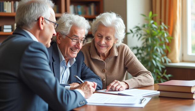 an elderly couple sign documents
