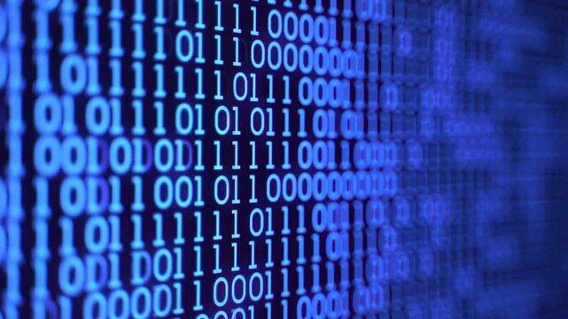 Close-up of binary code on a blue background with a shallow depth of field conveying a technological and futuristic mood.