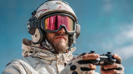 Professional drone pilot in white protective suit holding remote controller outdoor