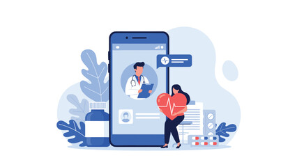 Fototapeta premium Online healthcare concept featuring a woman holding a digital heart pulse icon next to a smartphone showing a doctor profile.