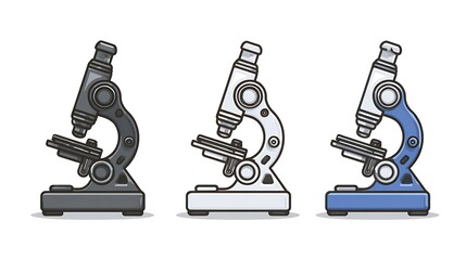 Three lab microscopes, in black, white, and blue, stand on a plain white background