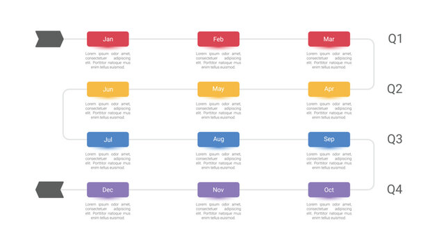 Annual business timeline infographic template with 12 months and four quarters.