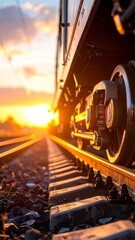 Train on Tracks at Sunset - A Journey into the Horizon.