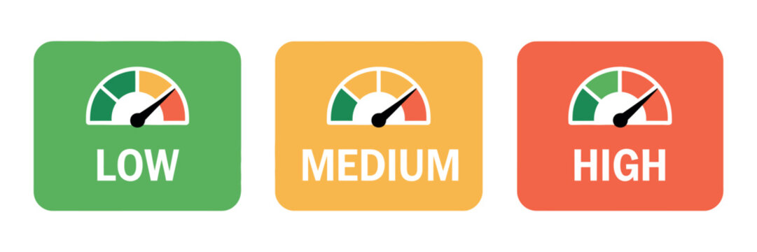 Risk Meter icon set with low medium and high levels on speedometer gauge