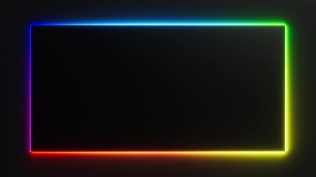 Rainbow colored neon light is moving around black rectangle frame on dark background. Seamless border cycling glow animation.