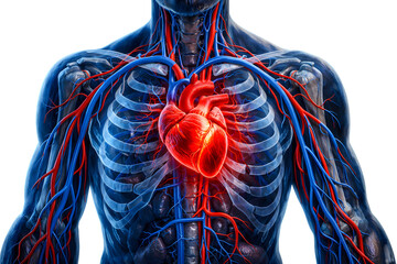 Human body with visible heart and blood vessels