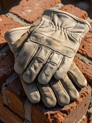 Work glove resting on a brick wall on a construction site