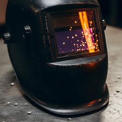 A welding helmet shields the face as sparks fly during a welding process