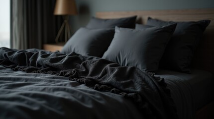 Black lace-trimmed duvet cover on minimalist bed with dramatic lighting, moody elegance and cozy sophistication