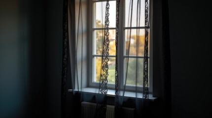Sheer black lace curtains against dark grey wall filtering sunlight, modern gothic interior and dramatic light study